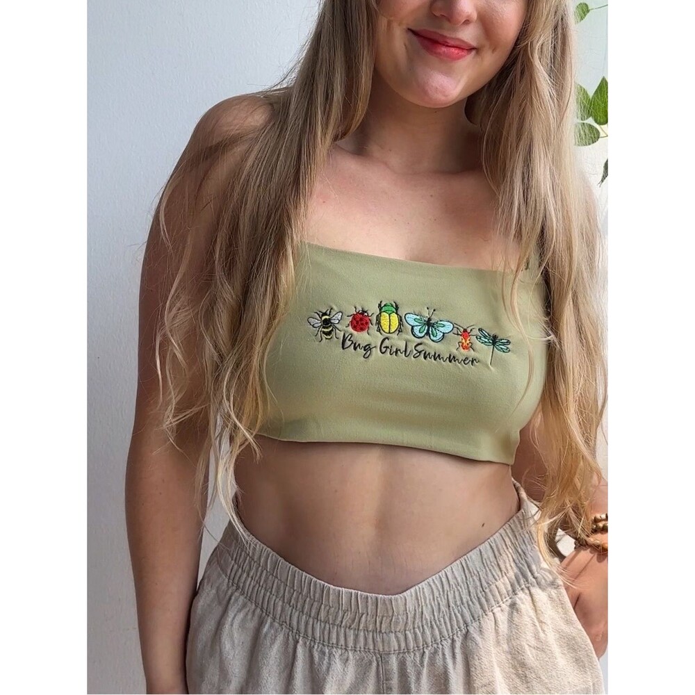 Handmade NWT Bug Girl Summer Olive Green Embroidered Crop Tank Top